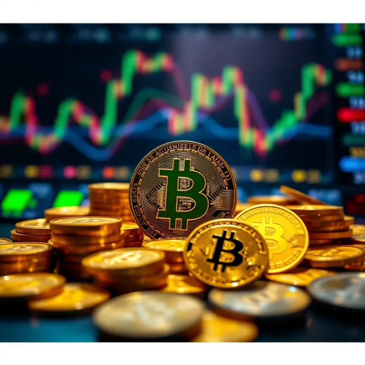 Digital Currency Symbols Representing Trading App Incentives Illustration of digital coins and currency symbols representing rewards and incentives in trading apps