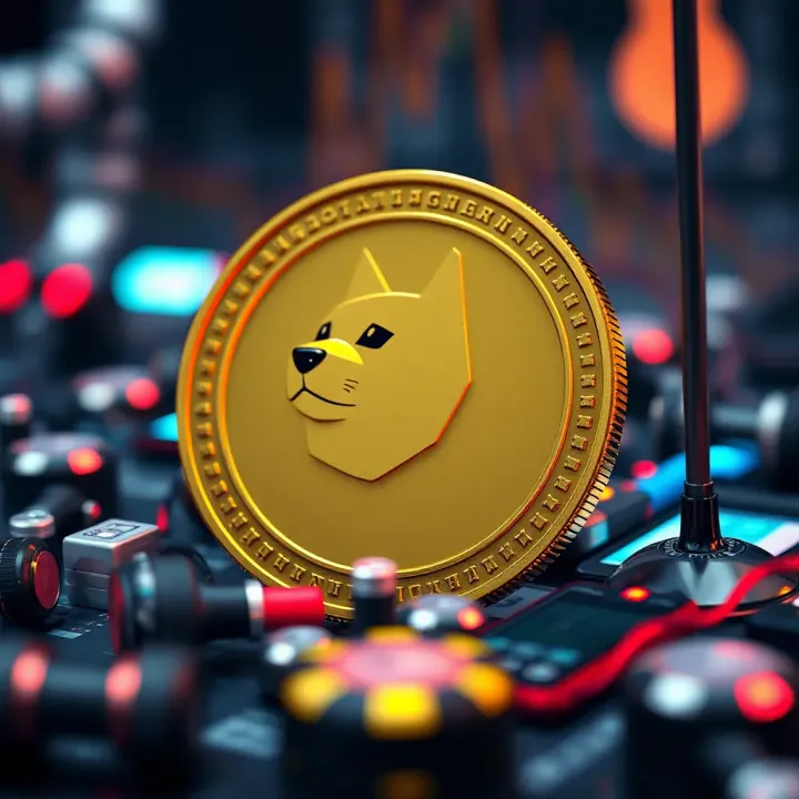 Futuristic digital coin representing Dogecoin surrounded by technological elements