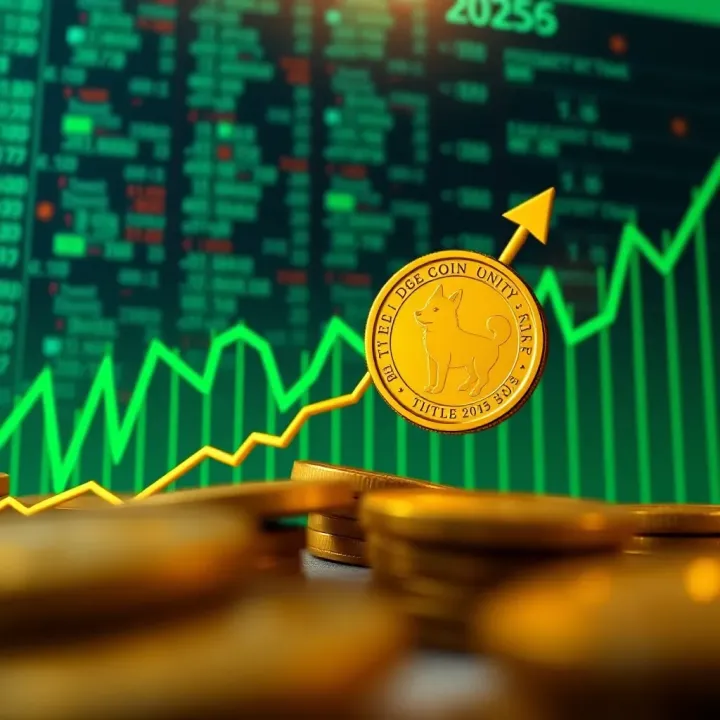 Graph showing upward trend in Dogecoin value with digital blockchain background