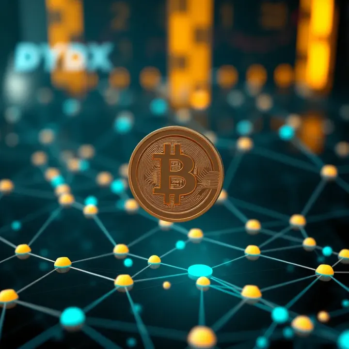 Illustration of decentralized exchange network with blockchain nodes and DYDX token symbol