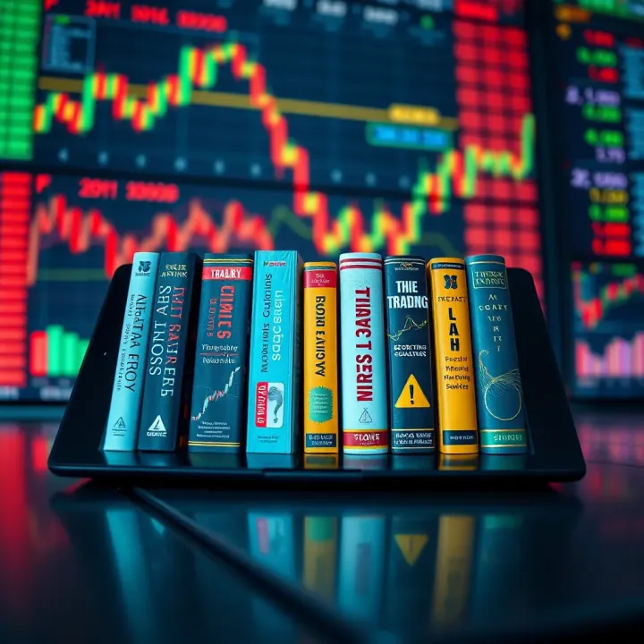 Collection of trading books displayed on a digital tablet with financial charts in the background