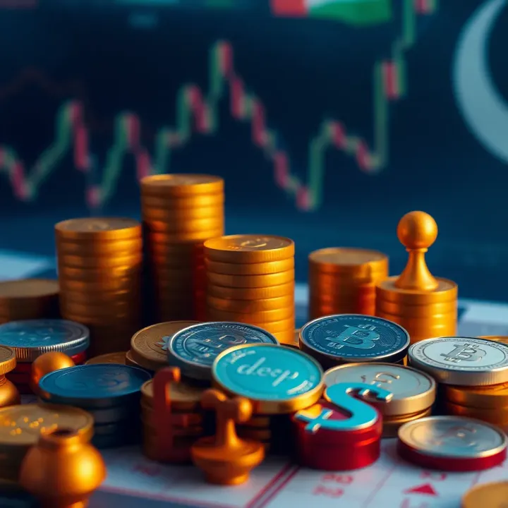 Illustration of a diversified investment portfolio with various currency symbols