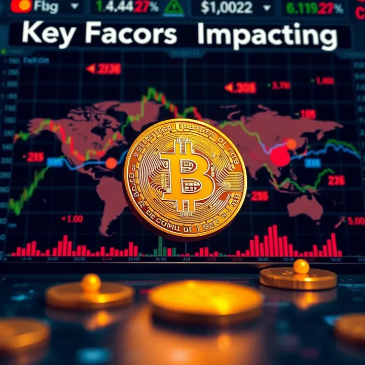 Illustration of factors influencing Bitcoin value including global market icons and data charts