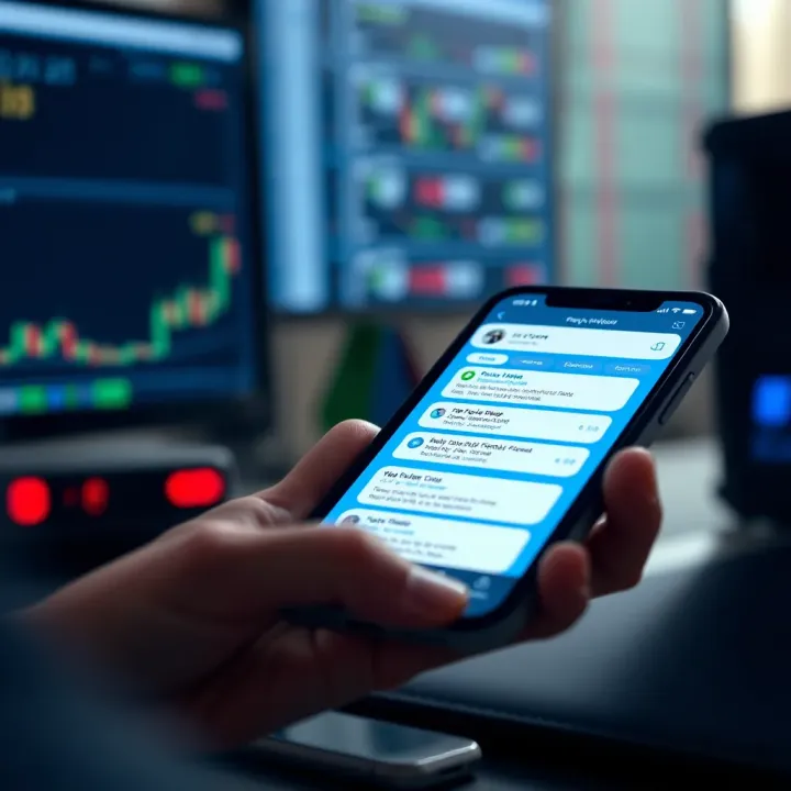A mobile phone displaying a forex trading Telegram group chat with charts and trading tips