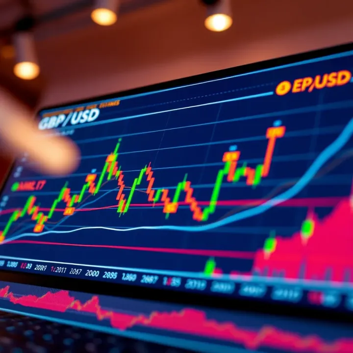 Graph showing the historical exchange rate fluctuations of GBP to USD with trend lines and key economic event markers