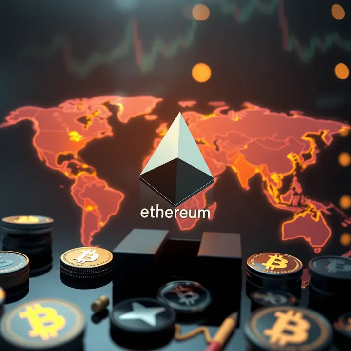 Global economic symbols and cryptocurrency icons representing market influences