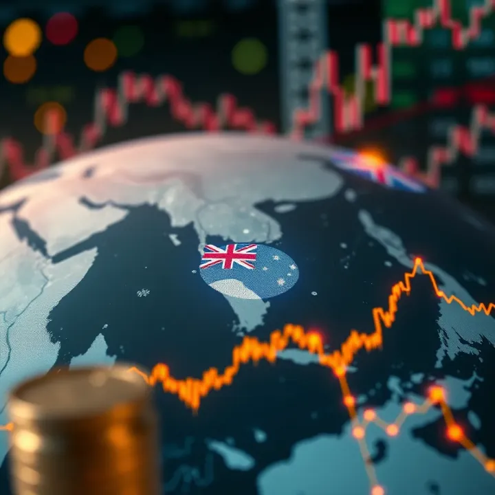 Illustration of global financial connections with central bank policies and commodity prices affecting currency values