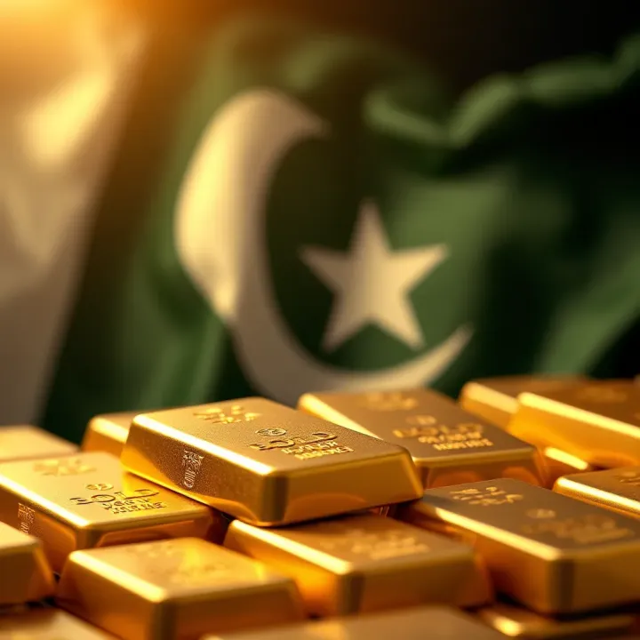 Close up of gold bars with Pakistan flag in the background symbolizing the country’s gold market