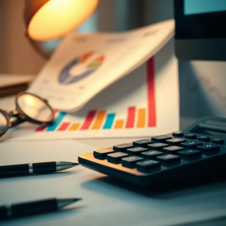 Visual representation of budget planning with charts and calculator on desk