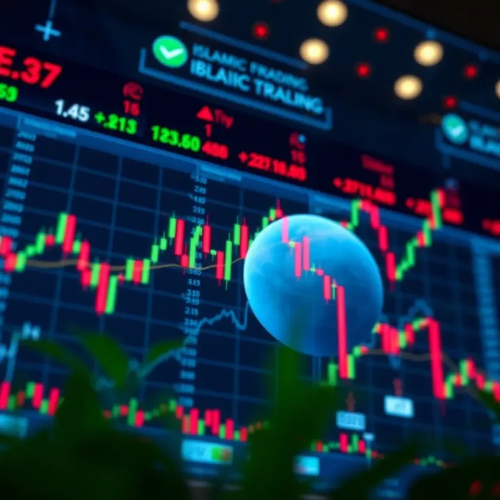 Conceptual illustration showing Islamic finance principles intertwined with stock market charts