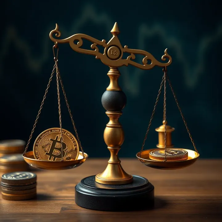 Symbolic depiction of Islamic law scales balancing cryptocurrency symbols with traditional financial icons