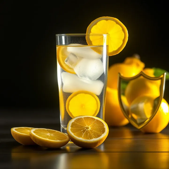 Lemon Water Supporting Radiant Skin and Immune Strength Bright lemon slices arranged next to a glowing skin and a shield symbolizing immune support