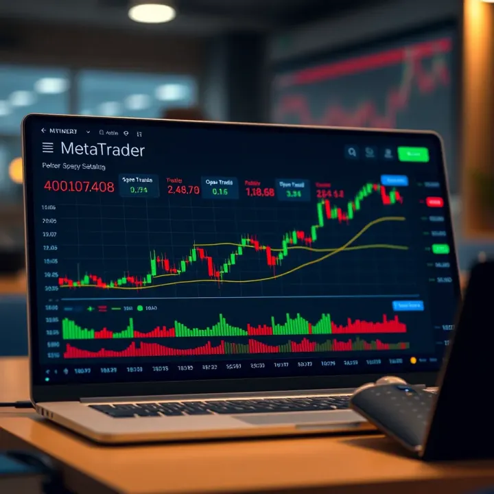Illustration of a trading account dashboard showing account balance, open trades, and automated trading settings
