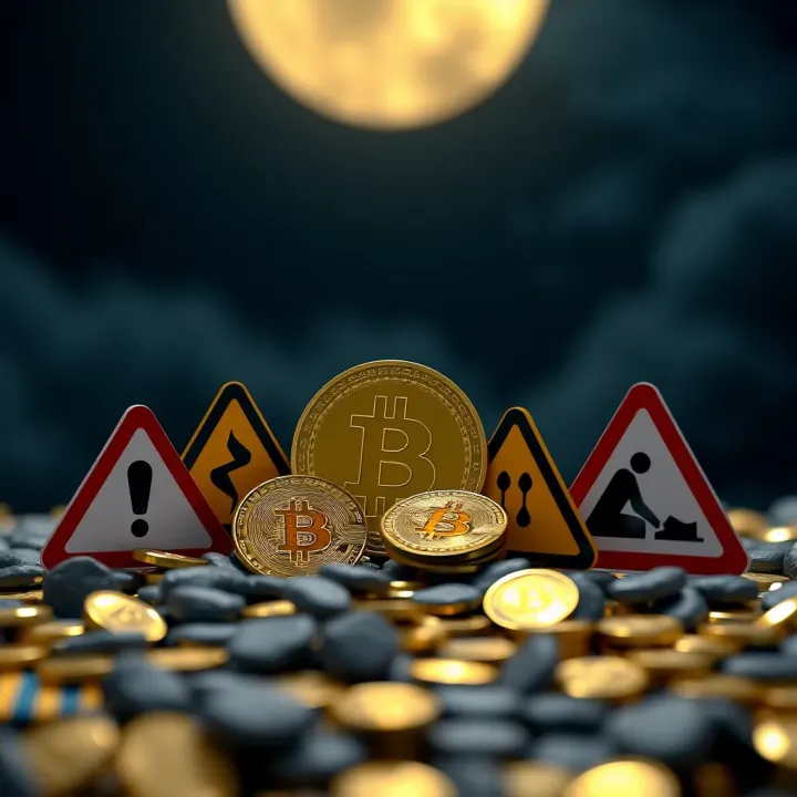 Evaluating Risks in Cryptocurrency Investments with MoonBitcoin.Cloud Conceptual graphic depicting risk and caution signs around cryptocurrency to highlight potential investment risks