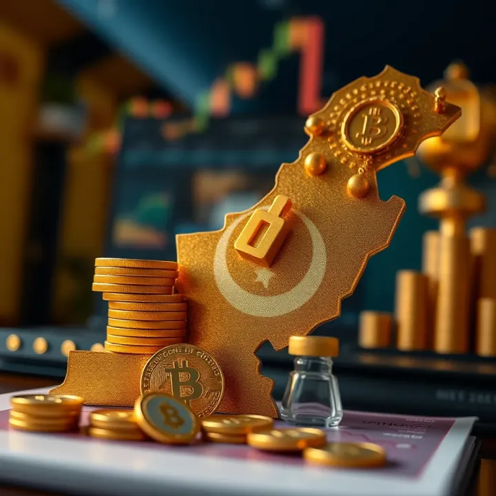 Visual representation of Pakistan's map with gold investment and currency exchange icons