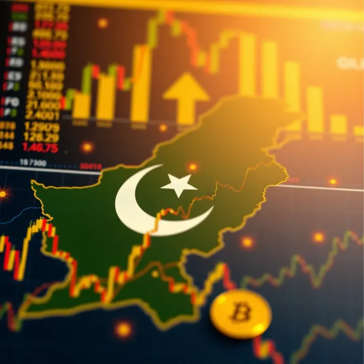 Illustration of Pakistan's map overlaid with gold price graphs and currency symbols