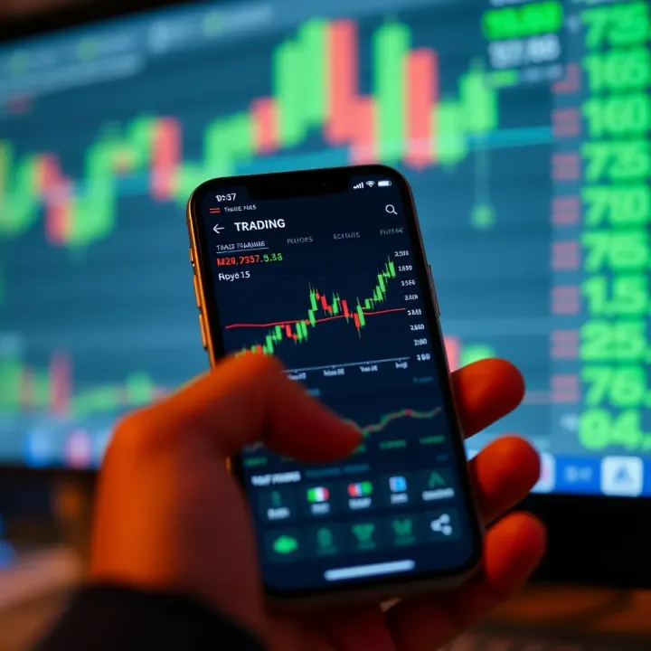 Mobile phone screen displaying a user-friendly trading application interface with charts and financial data