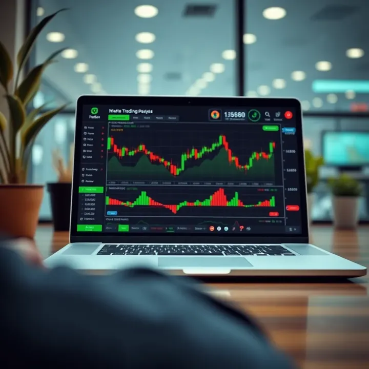 Key Online Trading Platform with Market Analysis in Pakistan Modern laptop displaying trading platform with market analysis and graphs