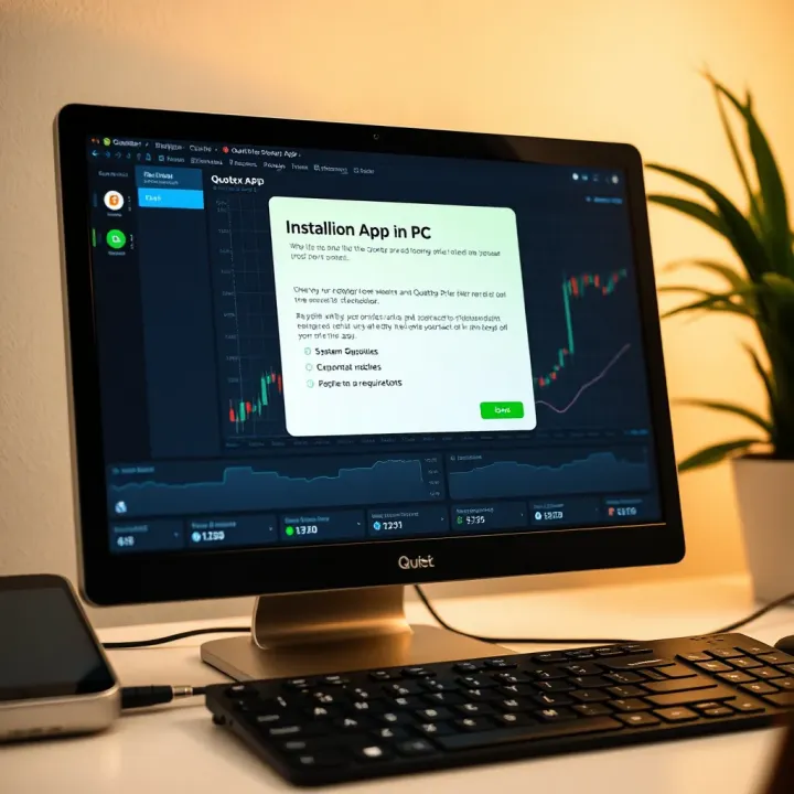 Installation and Setup of Quotex App on PC Computer desktop setup showing installation progress of Quotex trading software with system requirements checklist