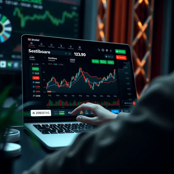Accessing the QX Broker Trading Platform and Account Dashboard User accessing QX Broker trading platform on a laptop showing account dashboard