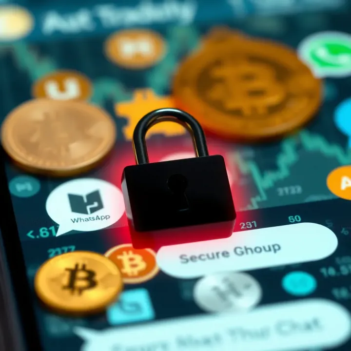 Ensuring Safety in Cryptocurrency Group Chats Secure digital lock icon overlaid on a background of cryptocurrency symbols and messaging app interface representing safe group communication