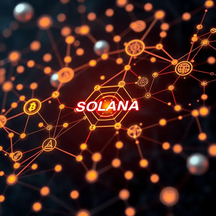A futuristic digital network representing blockchain technology with interconnected nodes and data streams