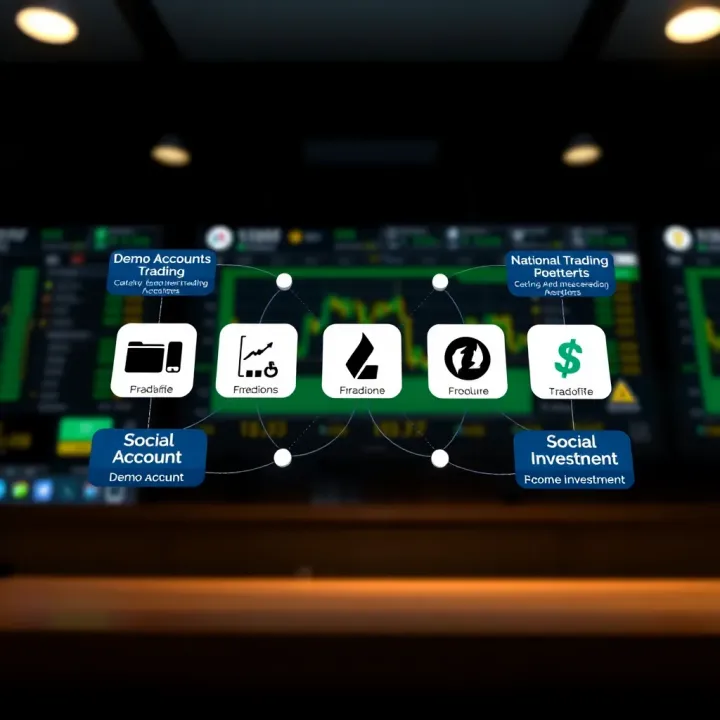 Overview of Trading App Models Featuring Demo Accounts and Social Trading Platforms Diagram showing different types of trading apps including demo accounts and social trading platforms connected with financial symbols