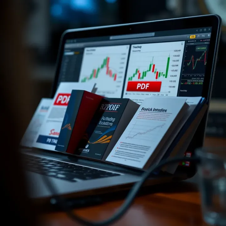 Digital Resources for Trading Education in Pakistan Collection of trading books and PDF documents on a laptop screen, highlighting digital learning for traders