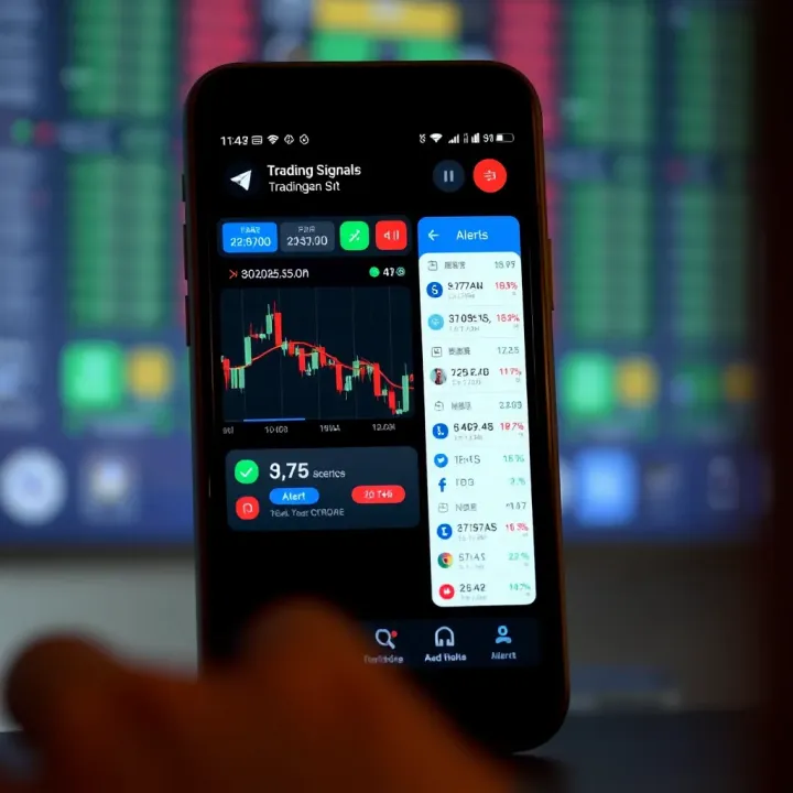 Telegram Trading Signals Interface with Real-Time Alerts Illustration of mobile phone displaying Telegram trading signals interface with charts and alerts