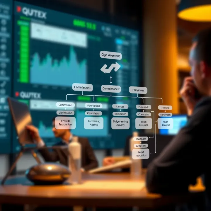 Diagram illustrating the structure of the Quotex affiliate program with commission tiers and marketing channels