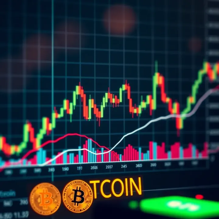 Graph displaying fluctuating Bitcoin prices with trend lines and market indicators