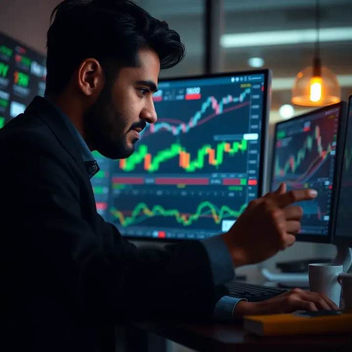 Pakistani investor analyzing trader profiles and performance metrics on a trading platform