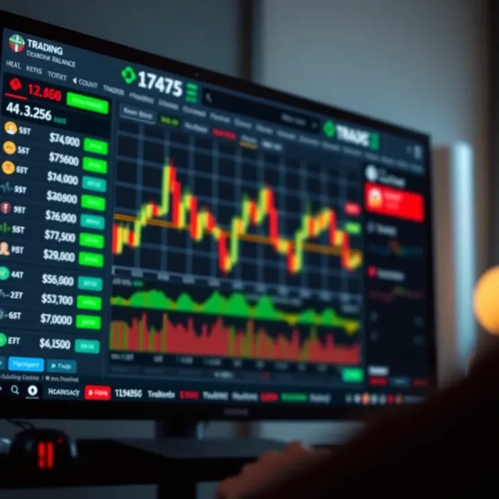 Screenshot of a demo trading platform showing simulated trades and account balance