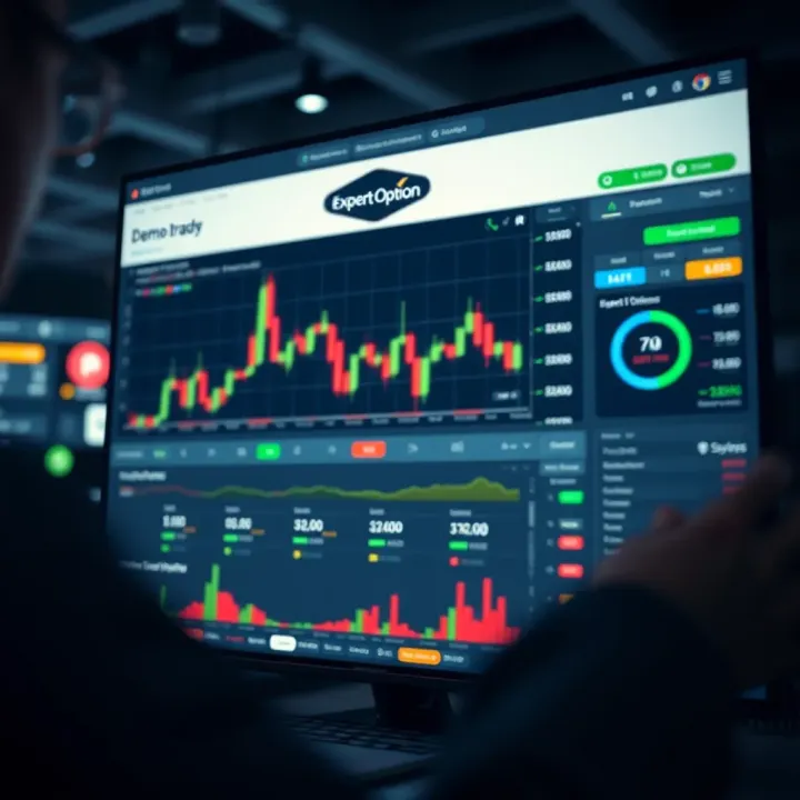 Trading platform interface showing Expert Option demo account dashboard with charts and trading options