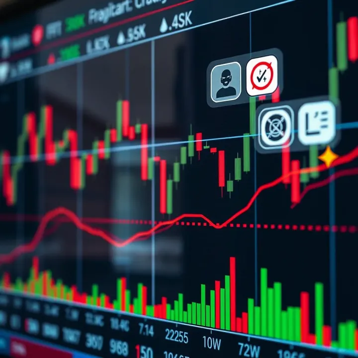 Graph illustrating currency exchange trends with overlay of signal indicators and risk assessment icons