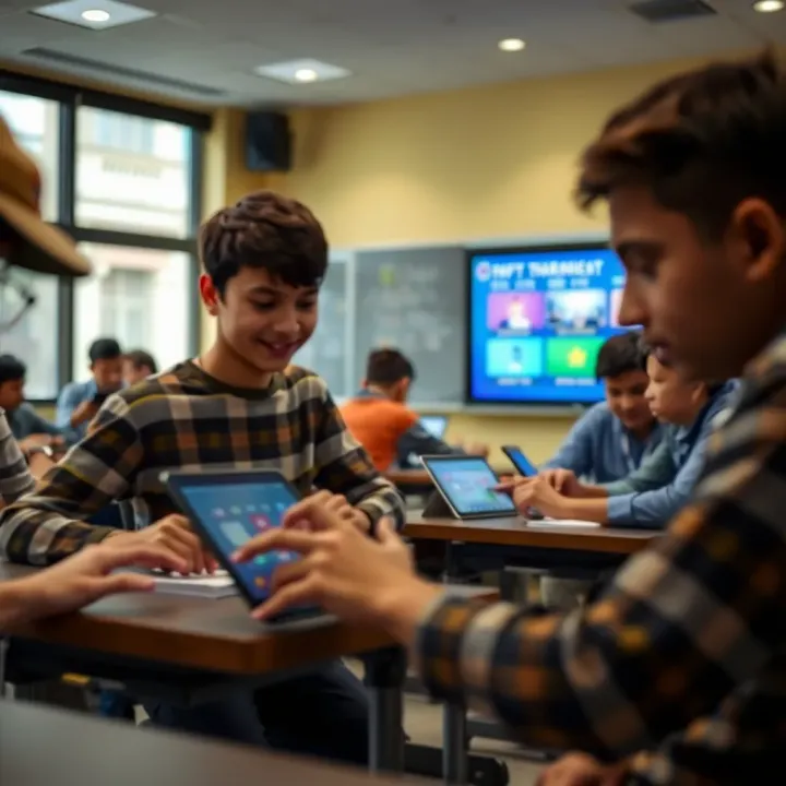 Interactive Digital Learning in Classroom Settings Students engaging with digital devices during a classroom lesson to enhance interactive learning