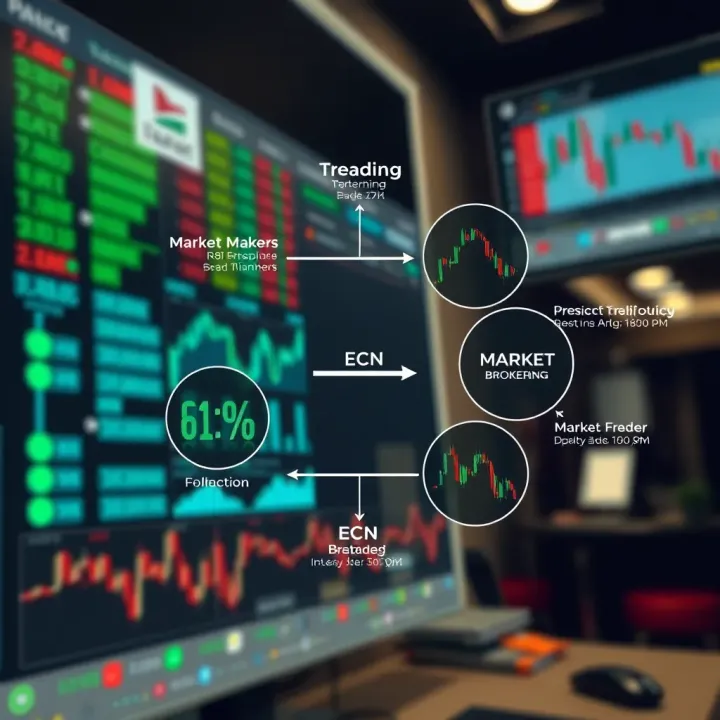 Diagram illustrating various types of trading brokers including market makers and ECN brokers