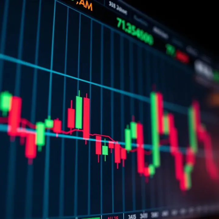 Candlestick Chart Illustrating Market Price Fluctuations Candlestick trading chart displaying price movements with green and red bars representing market trends