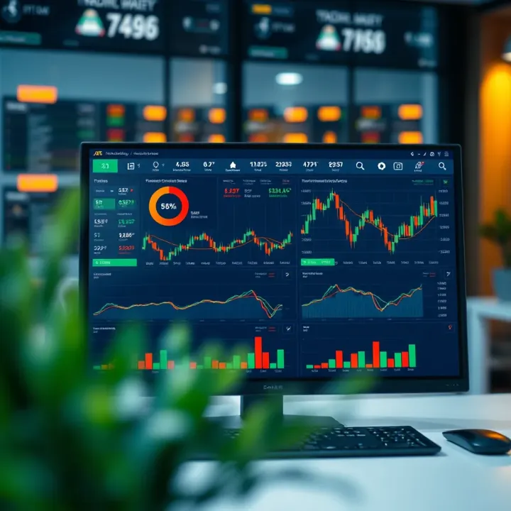 Illustration of a trading platform dashboard displaying demo account features and market charts