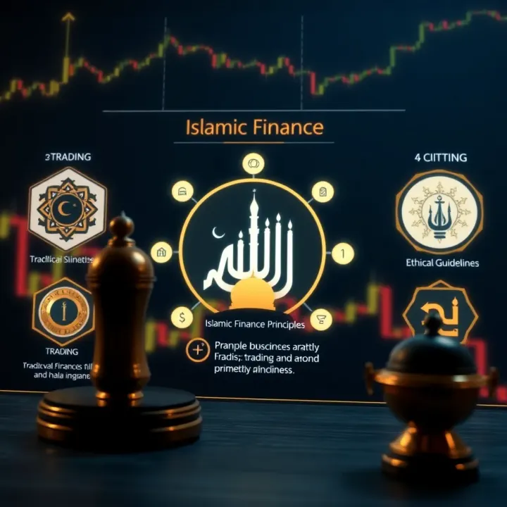 Islamic Finance Principles Guiding Halal Trading Graphic showing symbols of Islamic finance principles alongside trading charts and ethical guidelines