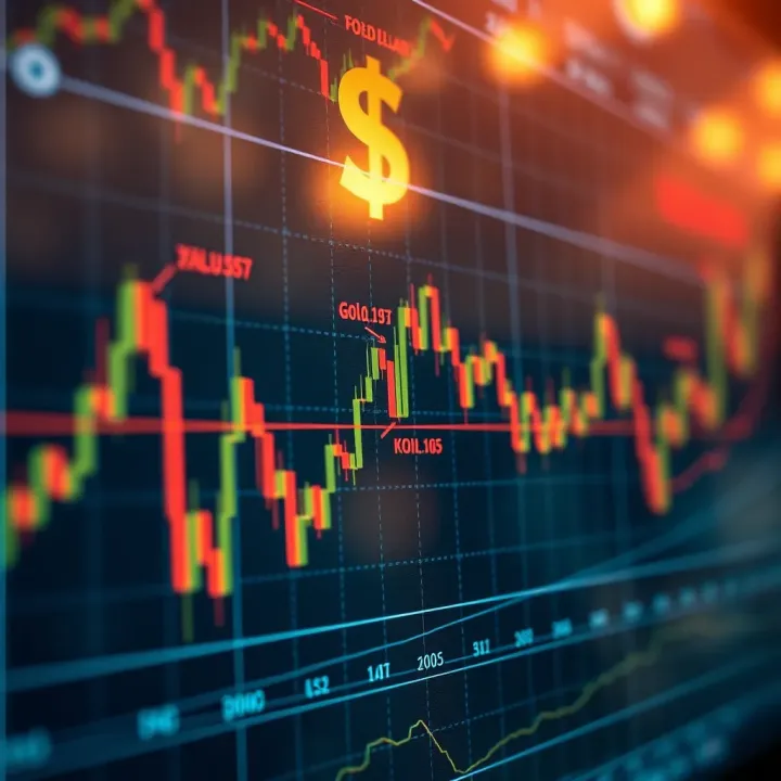 Chart displaying gold price movements against the US dollar with various trading signals marked
