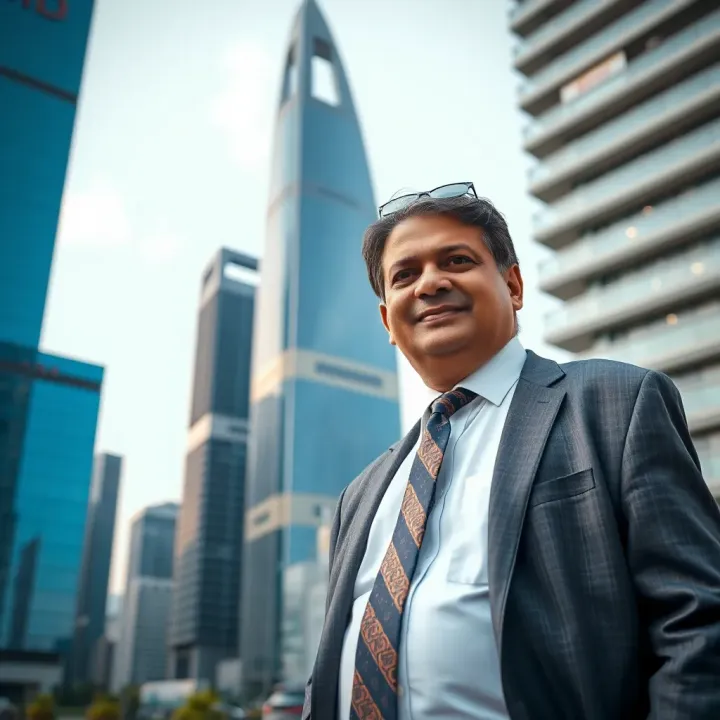Vinod Adani standing confidently beside modern corporate skyscrapers symbolizing his business ventures