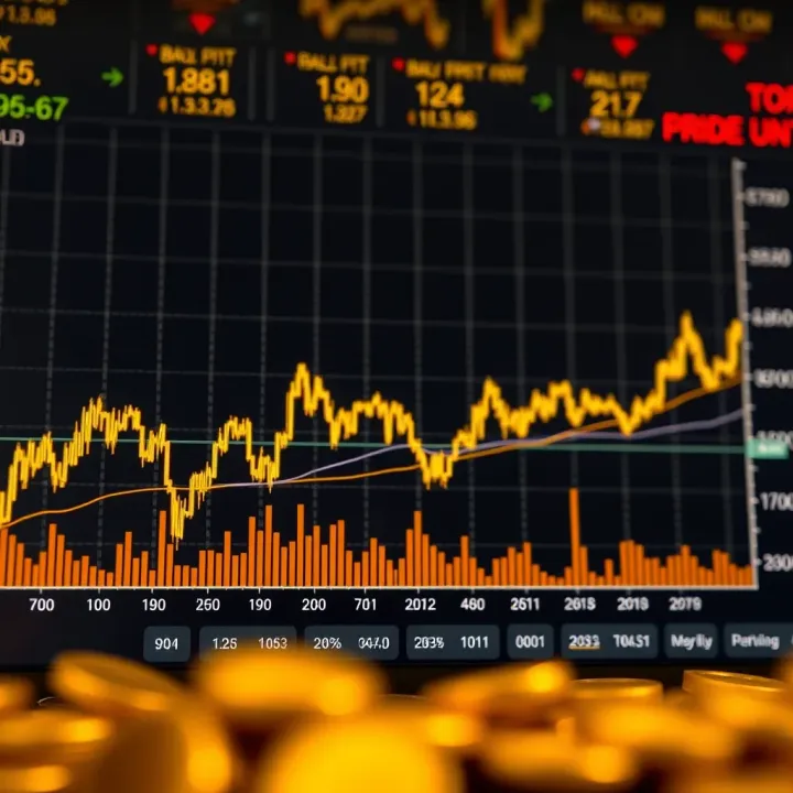 Graph showing upward and downward trends in gold prices with market indicators